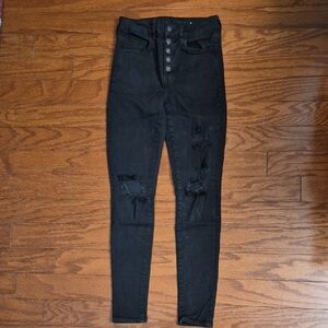 American Eagle Outfitters Black High Rise Jeans Button Fly Distressed Size 2 REG